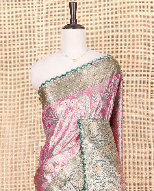 Purple Vastrakala Silk Saree, Spotlighted with Jacquard and Embroidery Work, Complemented by Contrast Traditional Zari and Cut Embroidered Scallop Border, Gleaming Mughal-Style Zari Weave Stone Work Pallu, and Paired with Contrast Heavy Embroidered Blouse