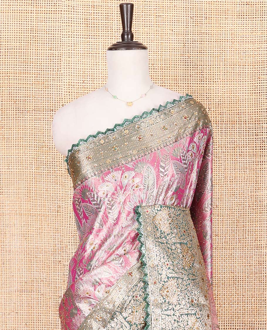 Purple Vastrakala Silk Saree, Spotlighted with Jacquard and Embroidery Work, Complemented by Contrast Traditional Zari and Cut Embroidered Scallop Border, Gleaming Mughal-Style Zari Weave Stone Work Pallu, and Paired with Contrast Heavy Embroidered Blouse