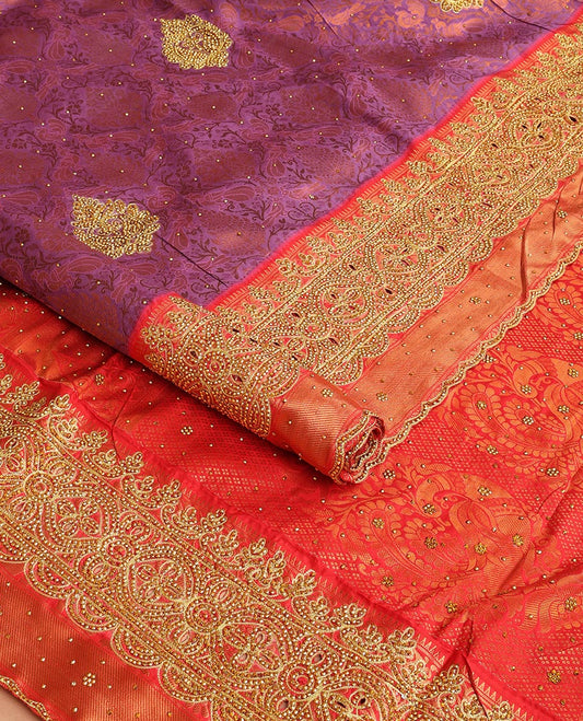 Violet floral design vastrakala silk saree with stone work, contrast floral stone work scallop border & floral design in stone work pallu