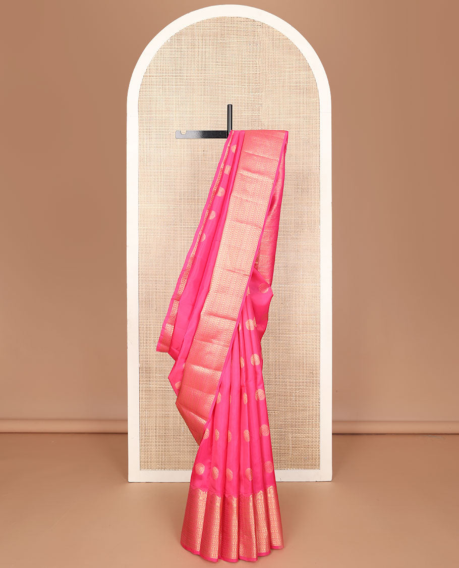 Pink zari buttas vasundhara elite silk saree, zari border & pallu features yaanai, mayil neli, manga & diamond designs