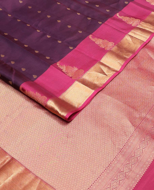 Purple zari buttas Vasundhara silk mix saree, contrast border of rekku,muthu,banaras & mayil kann & pallu of mayil kann designs
