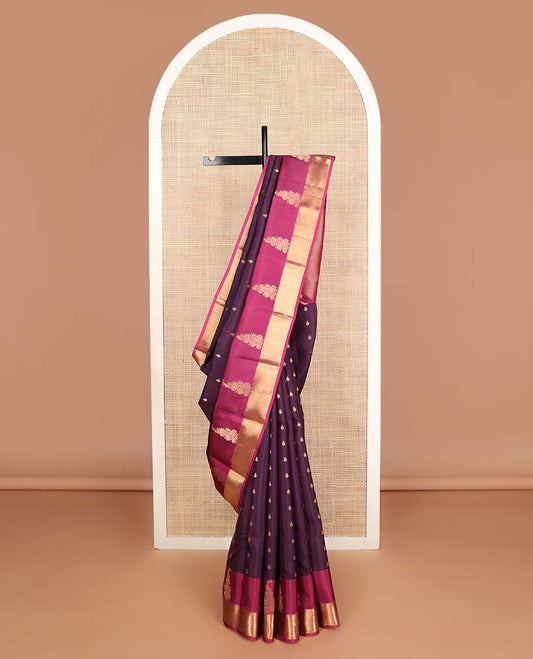 Purple zari buttas Vasundhara silk mix saree, contrast border of rekku,muthu,banaras & mayil kann & pallu of mayil kann designs