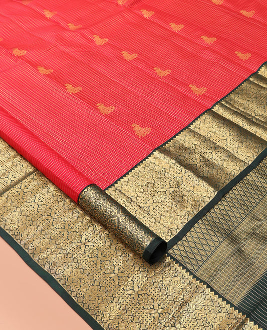 Red Butta Enclosed Checks Vasundhara Lite Silk Mix Saree, a Contrast Mayil Border, Contrast Blouse
