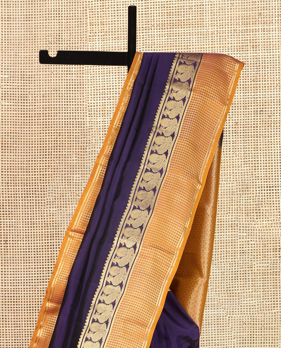 Blue Plain Vasundhara Lite Silk Mix Saree, a Contrast Checked Border of Mayil Designs, Grand Pallu, and a Contrast Blouse