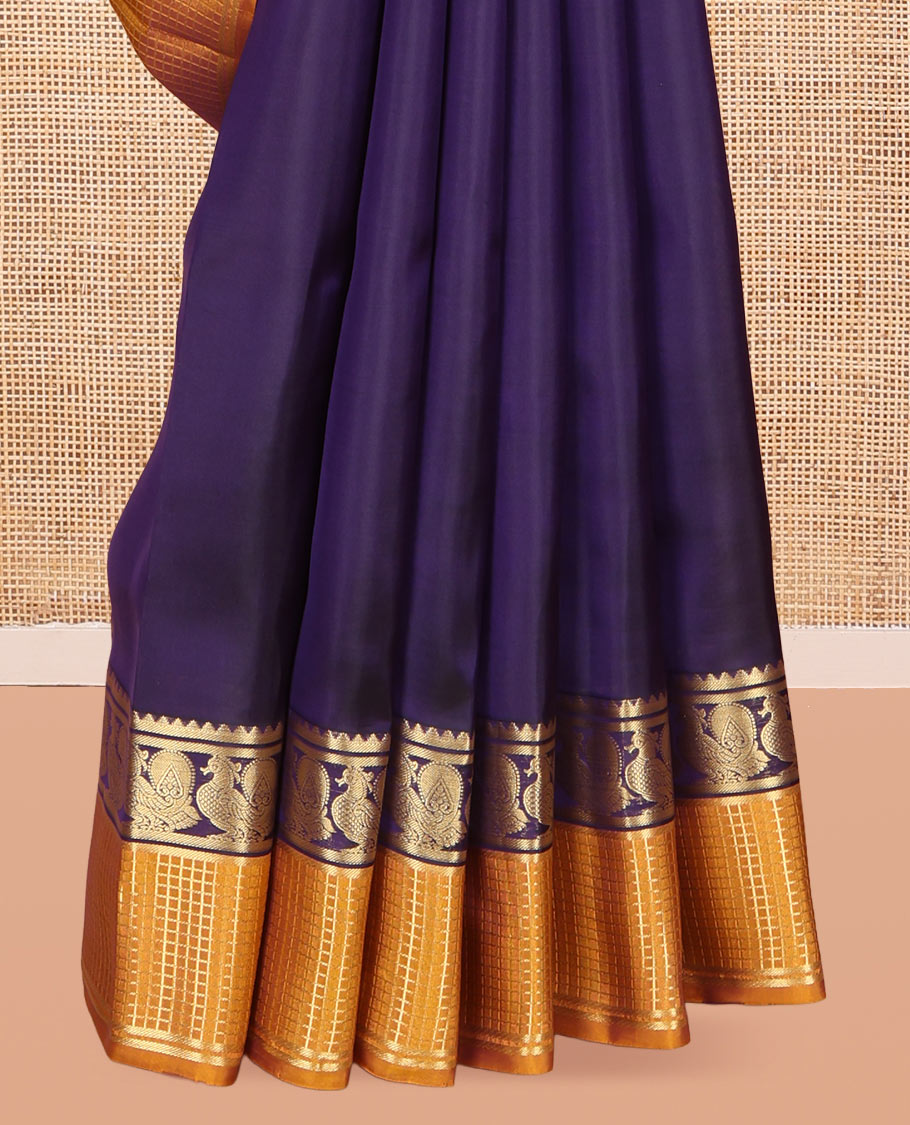 Blue Plain Vasundhara Lite Silk Mix Saree, a Contrast Checked Border of Mayil Designs, Grand Pallu, and a Contrast Blouse