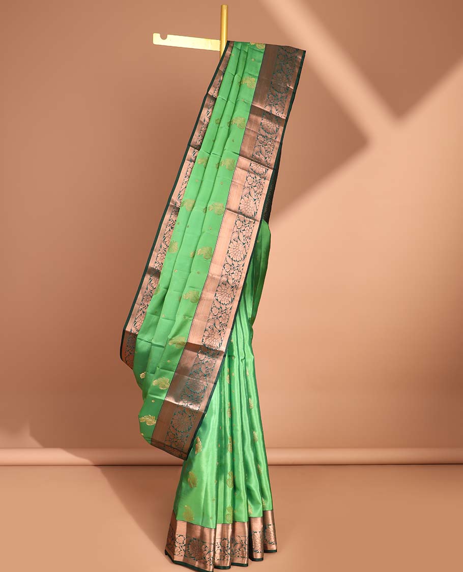 Green floral buttas vasundhara silk mix saree  with contrast intricate zari design border & floral, checked zari design pallu