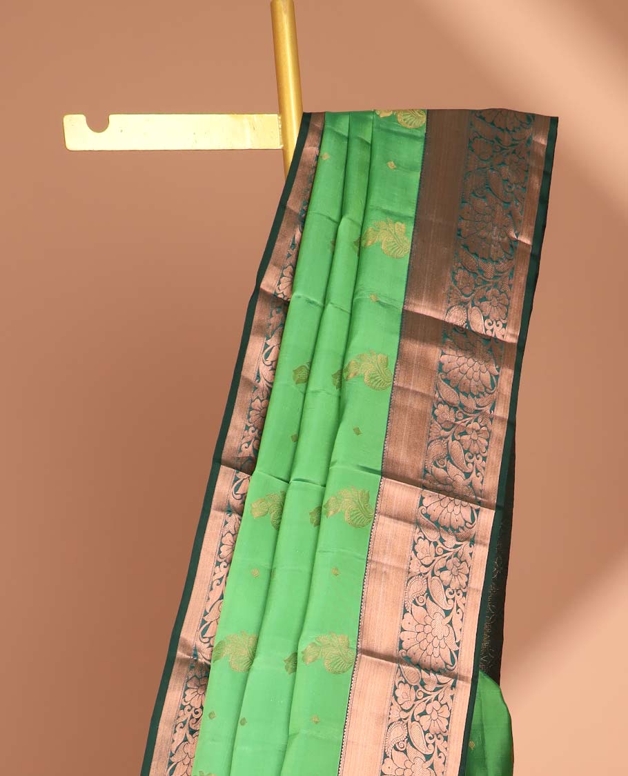 Green floral buttas vasundhara silk mix saree  with contrast intricate zari design border & floral, checked zari design pallu