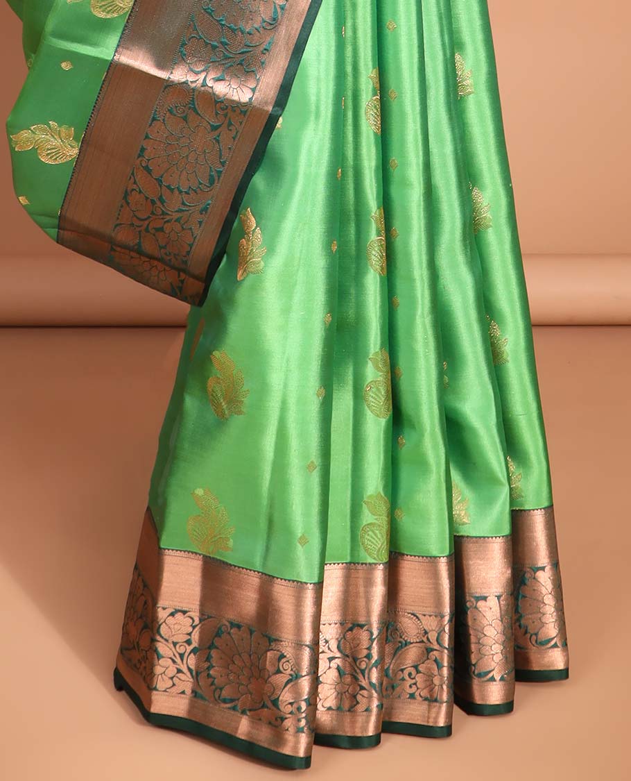 Green floral buttas vasundhara silk mix saree  with contrast intricate zari design border & floral, checked zari design pallu