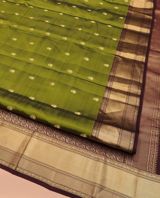 Green Vasundhara Lite Silk Mix Saree, Elevated with  Zari Buttas on Its Body, Highlighted by Contrast Border of Rekku, Kodi Visiry, and Kathir Designs, Grand Pallu of Diagonal Designs, and Paired with a Contrast Blouse