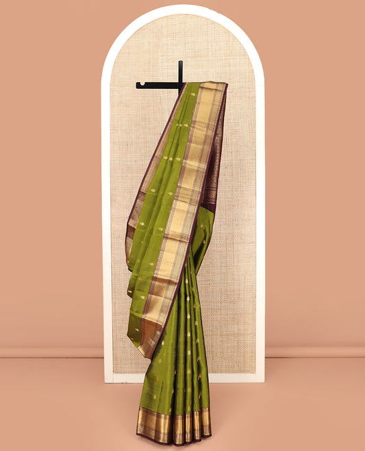 Green Vasundhara Lite Silk Mix Saree, Elevated with  Zari Buttas on Its Body, Highlighted by Contrast Border of Rekku, Kodi Visiry, and Kathir Designs, Grand Pallu of Diagonal Designs, and Paired with a Contrast Blouse