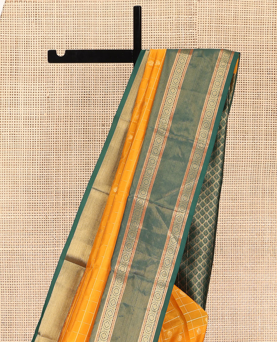 Orange Vasundhara Lite Silk Mix Saree, Artfully Detailed with Zari Buttas Enclosed Checks on Its Body, Complemented by a Contrast Border of Poo Chakram Designs, Intricately Designed Jaal Pallu, and Paired with a Contrast Blouse