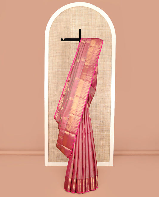 Pink Vasundhara Lite Silk Mix Saree, Woven with Zari Buttas on Its Body, Complemented by a Contrast Border of Thilakam Mokku, Neli, Mayil Kann, Manga Mokku, and Chakram Designs, Grand Jaal Pallu, and Paired with a Contrast Blouse