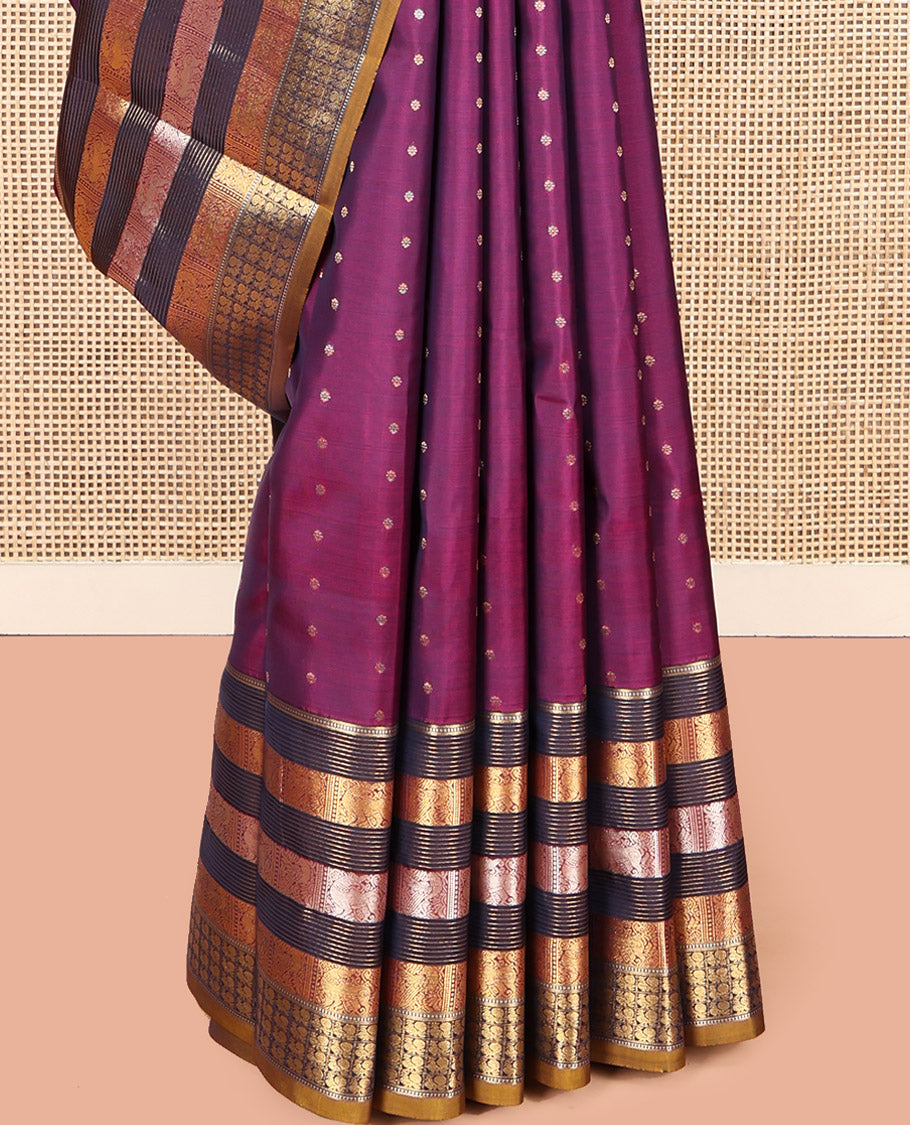 Magenta Vasundhara Lite Silk Mix Saree, Ornamented with Zari Buttas, Complemented by a Contrast Border of Yaali and Mayil Designs, Zari Design Pallu, and a Contrast Blouse