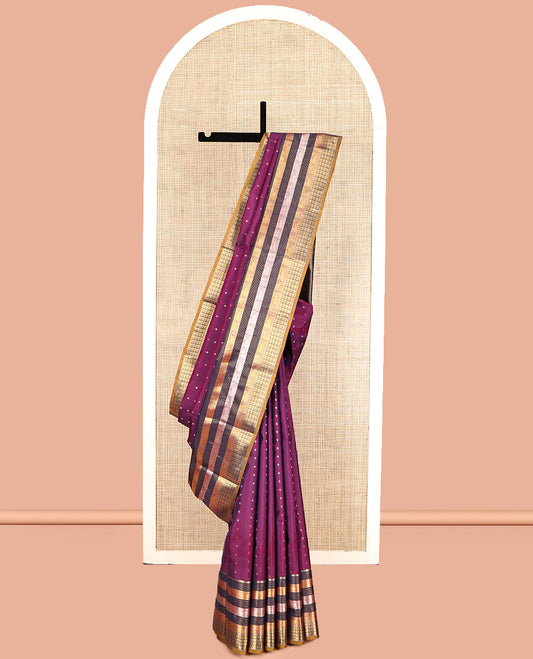 Magenta Vasundhara Lite Silk Mix Saree, Ornamented with Zari Buttas, Complemented by a Contrast Border of Yaali and Mayil Designs, Zari Design Pallu, and a Contrast Blouse