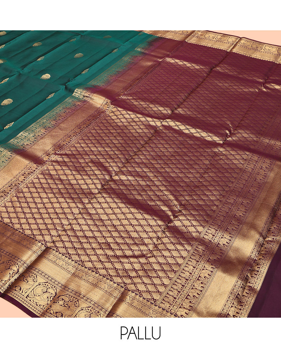 Green Vasundhara Lite Silk Mix Saree, Adorned with Zari Buttas, Contrast Border of Thilakam, Yaanai, Mayil Kann, Muthu, Kamalam, Annam, and Yaali, Jaal Pallu, and a Contrast Blouse