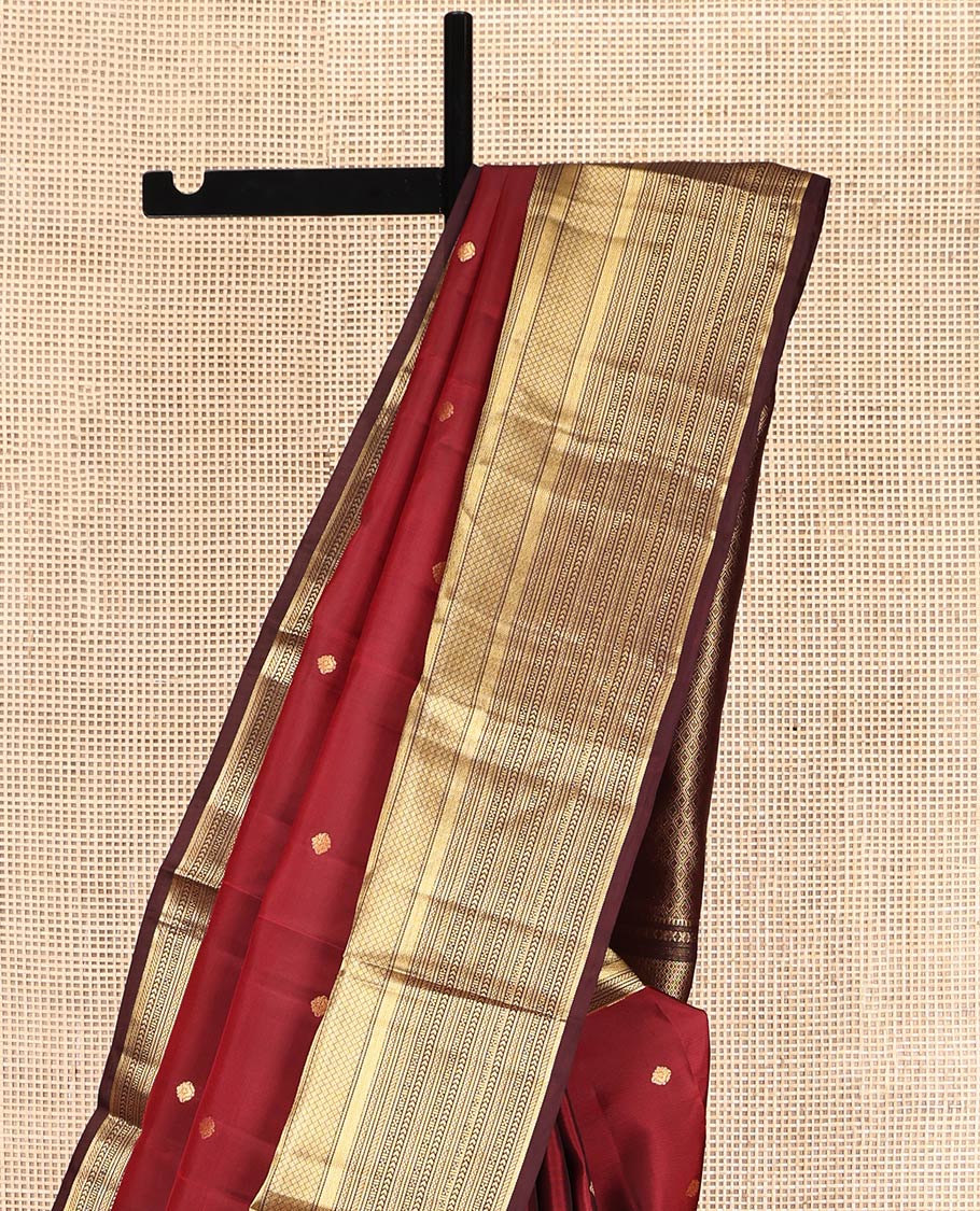 Red Vasundhara Lite-Silk Mix Saree, Delicately Woven with Zari Buttas, Complemented by a Contrast Traditional Zari Border, Grand Jaal Pallu, and a Contrast Blouse