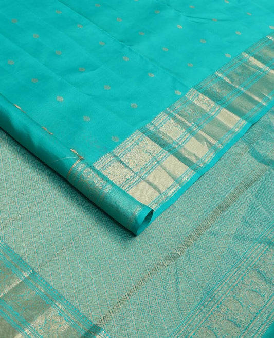 Blue zari buttas Vasundhara silk mix saree, zari border of rekku, kodi visiry, and kuyil kann designs, and jaal pallu