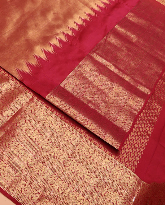 Gleaming Copper Color Zari Woven Vasundhara Lite Silk Mix Saree, Complemented by a Contrast Border of Neli,  Kodi Visiry, and Cross Kamalam Designs, Zari Elevated Pallu, and a Contrast Blouse