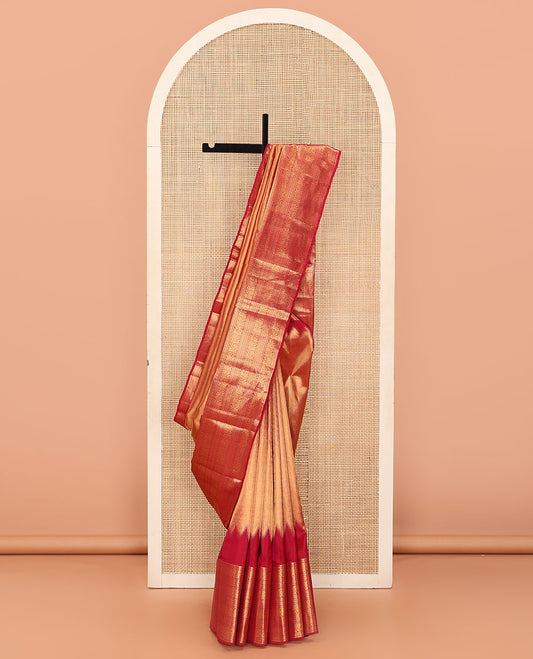 Gleaming Copper Color Zari Woven Vasundhara Lite Silk Mix Saree, Complemented by a Contrast Border of Neli,  Kodi Visiry, and Cross Kamalam Designs, Zari Elevated Pallu, and a Contrast Blouse