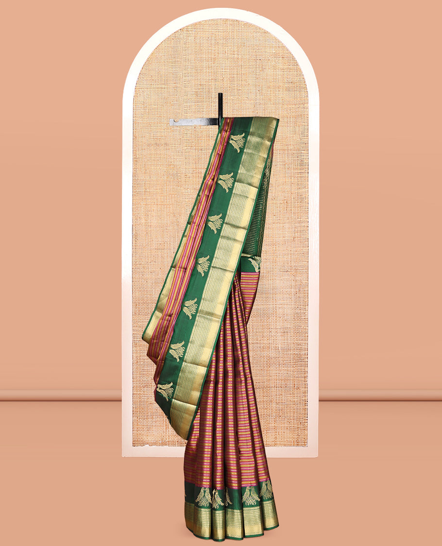 Multi-Color Striped Vasundhara Lite Silk Mix Saree, a Contrast Border of Kili, Kathir, and Kamalam Designs, Grand Pallu, and a Contrast Blouse