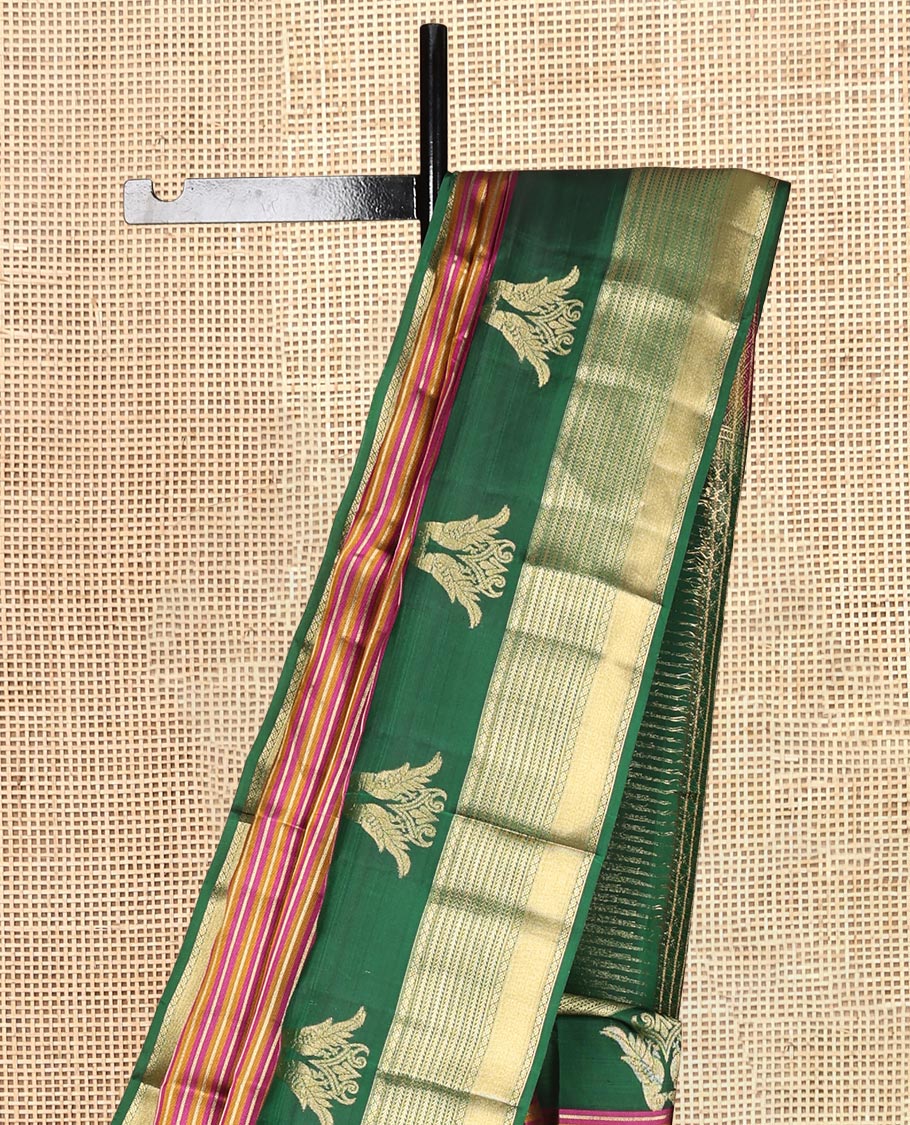 Multi-Color Striped Vasundhara Lite Silk Mix Saree, a Contrast Border of Kili, Kathir, and Kamalam Designs, Grand Pallu, and a Contrast Blouse