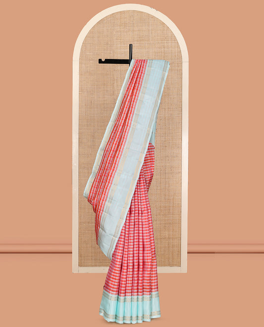 Orange Checked Vasundhara Lite Silk Mix Saree, a Contrast Rettai Pettu Border, Zari Striped Pallu, and a Contrast Blouse