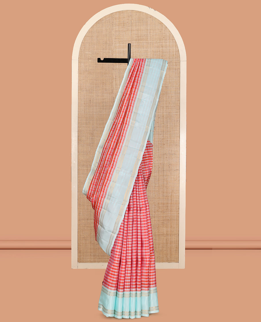 Orange Checked Vasundhara Lite Silk Mix Saree, a Contrast Rettai Pettu Border, Zari Striped Pallu, and a Contrast Blouse