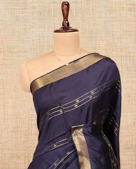 Blue Banana Pith Saree, Uniquely Detailed with Buttas and Stripes All Over Its Body, Highlighted by a Zari Temple Border, Gleaming Zari-Striped Pallu, and Paired with a Matching Blouse