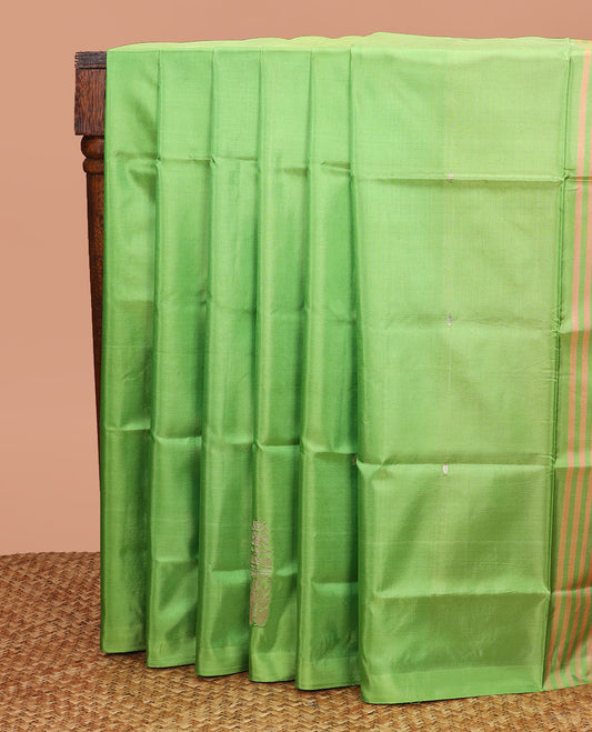 Borderless Parrot Green Banana Pith Saree, Woven with Buttas All Over Its Body, Complemented by a Contrast Pallu of Stripes and Buttas, and Paired with a Contrast Blouse