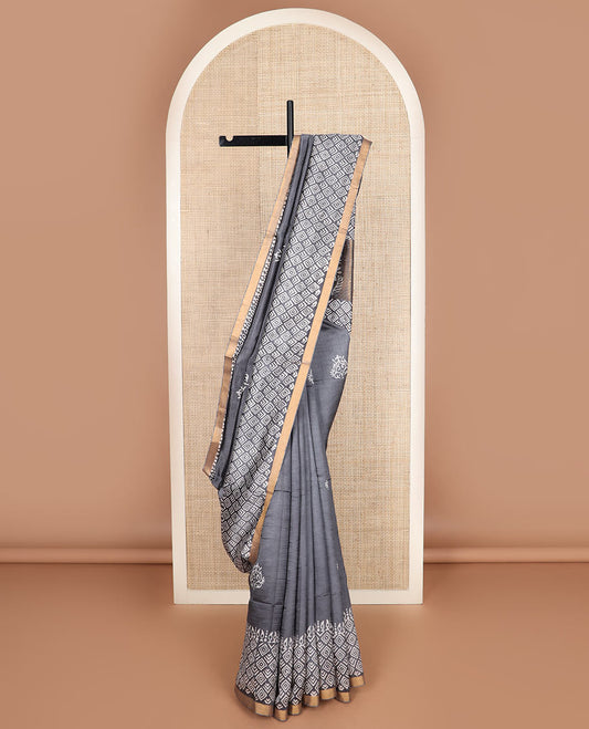 Grey printed banana pith saree, self-border of print, and zari work, and printed pallu