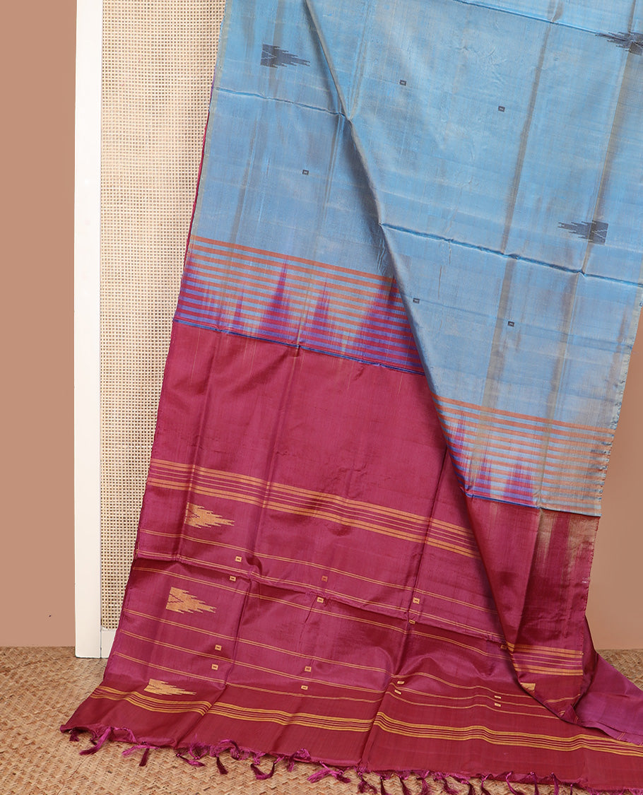 Borderless blue square and temple buttas Banana pith saree, contrast pallu of stripes, and temple designs
