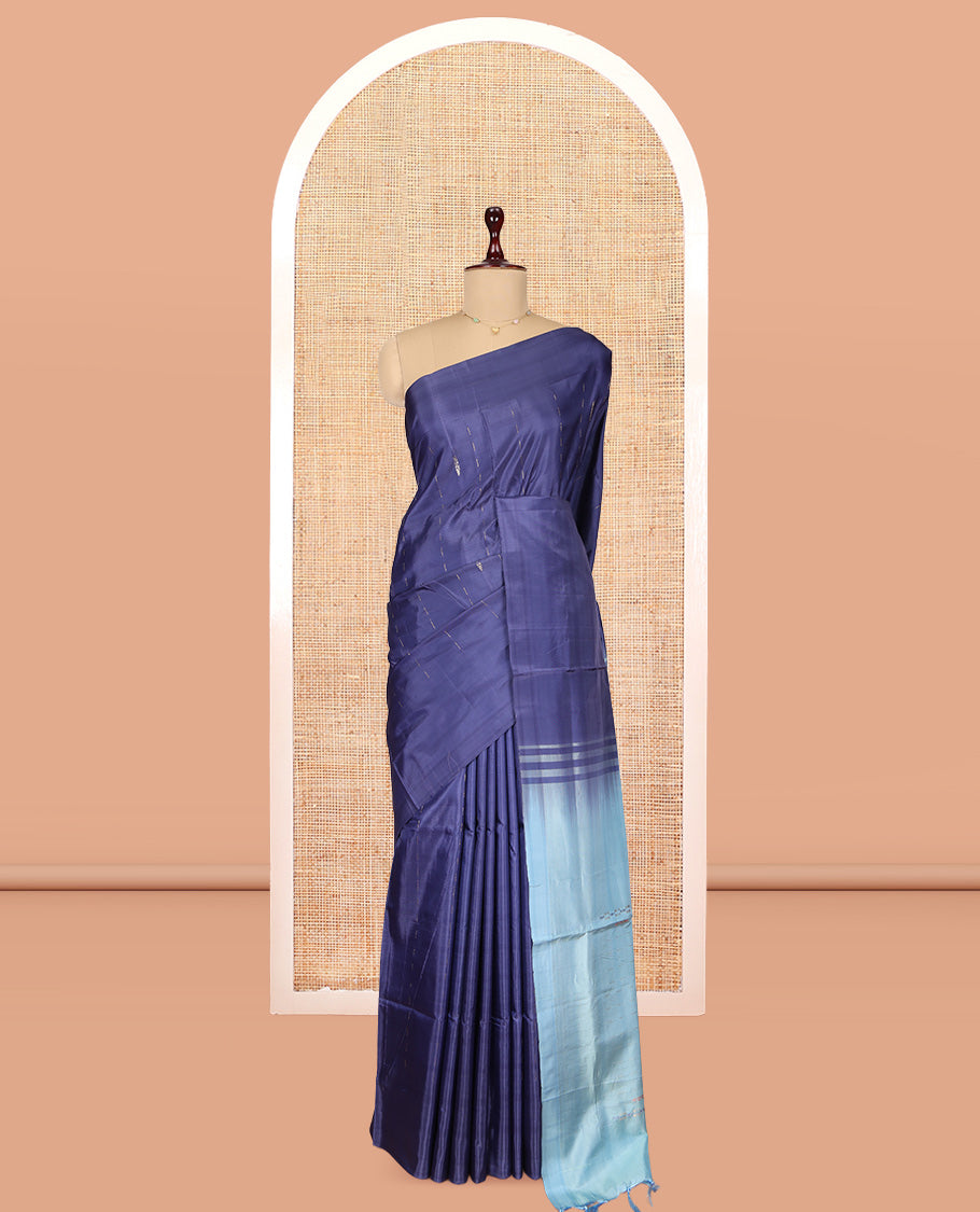 Borderless Blue Banana Pith Saree, Woven with Stripes and Buttas, a Contrast Pallu of Stripes, and a Contrast Blouse