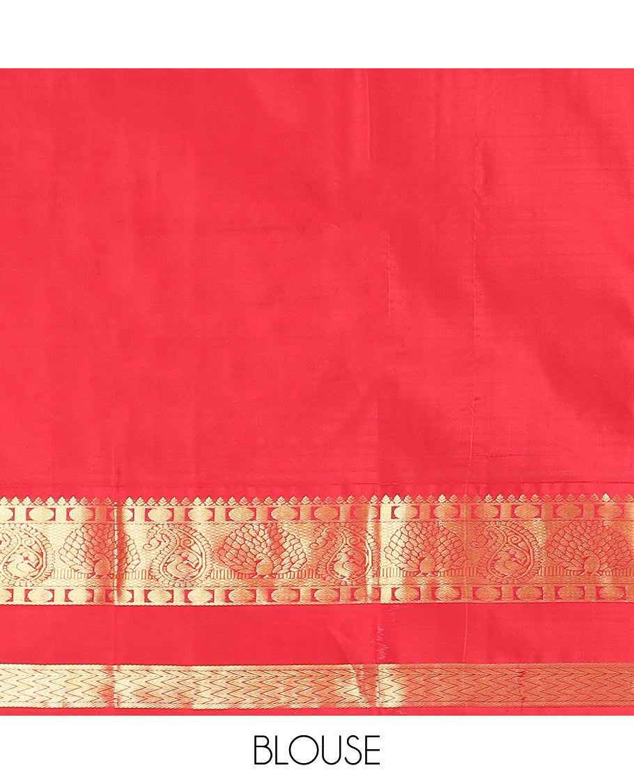 Sea green zari buttas silk saree, contrast korvai rettai pettu border of thilakam, mayil kann, rudraksham, and vanki designs, and jaal pallu