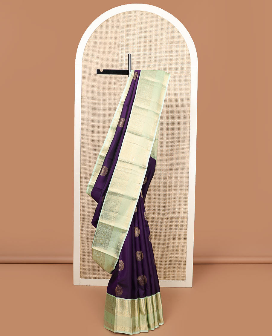 Violet round mayil buttas silk saree, contrast korvai border of thilakam, muthu, diamond, neli, mayil, and diamond designs, and jaal pallu