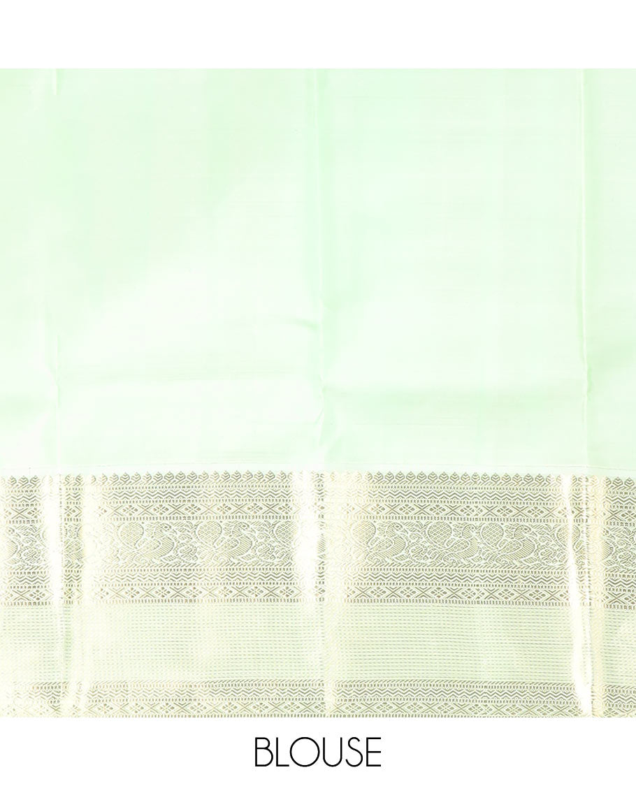 Violet round mayil buttas silk saree, contrast korvai border of thilakam, muthu, diamond, neli, mayil, and diamond designs, and jaal pallu