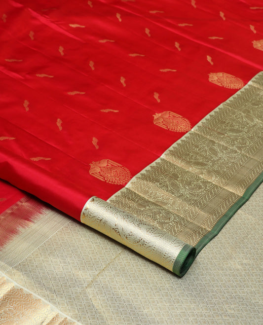 Red bird buttas silk saree, contrast border of puli nagam, mayil, and then kuli kann and jaal pallu