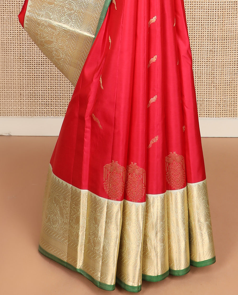 Red bird buttas silk saree, contrast border of puli nagam, mayil, and then kuli kann and jaal pallu