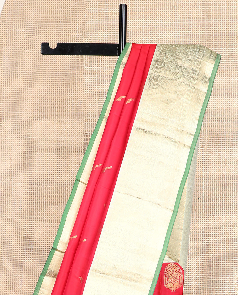 Red bird buttas silk saree, contrast border of puli nagam, mayil, and then kuli kann and jaal pallu