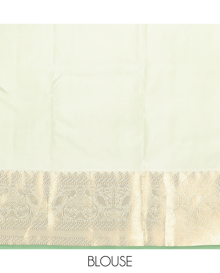 Red bird buttas silk saree, contrast border of puli nagam, mayil, and then kuli kann and jaal pallu