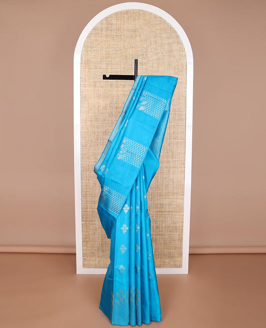 Light blue floral buttas silk saree with self checked border & striped floral design pallu