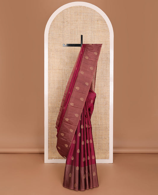 Maroon zari buttas silk saree, contrast border of zari stripes & buttas & jaal pallu