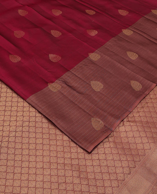 Maroon zari buttas silk saree, contrast border of zari stripes & buttas & jaal pallu