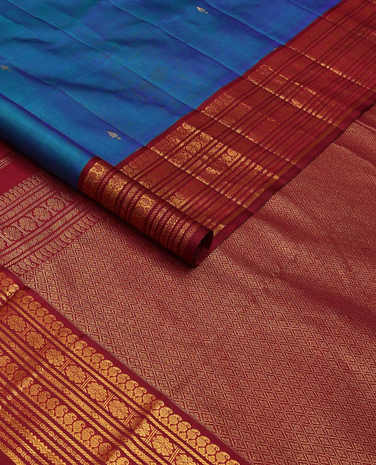 Blue zari buttas silk saree, contrast zari border of manga mokku,banaras,kamalam & rettai neli & zari-rich jaal pallu