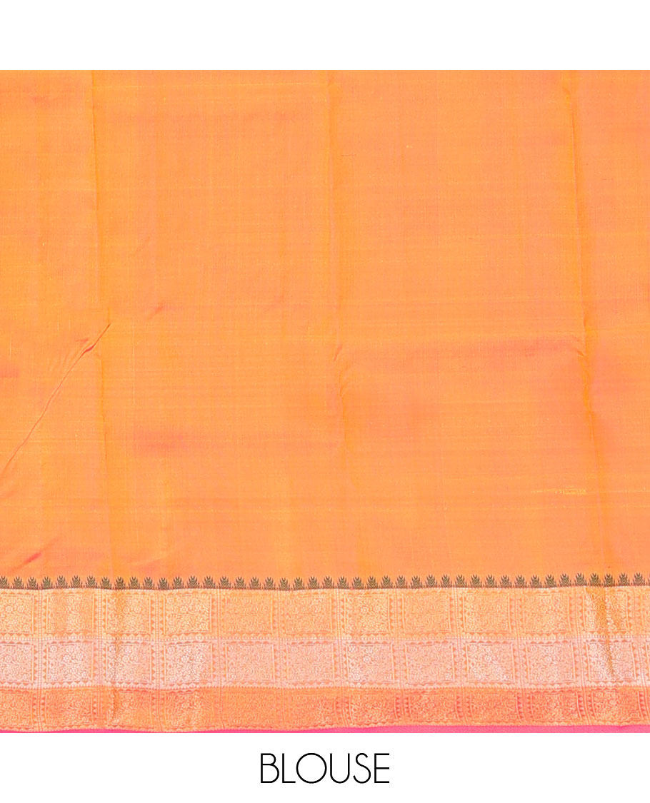 Yellow zari buttas silk saree, contrast ogee patterned pallu &  floral jaal enclosed checked thazampoo rekku border