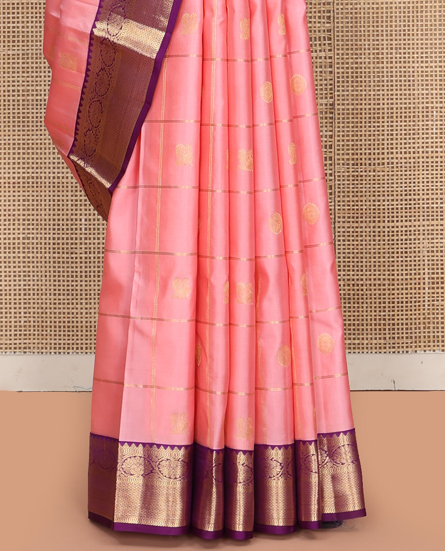 Pink Vasundhara Silk Saree, Entralled with Zari Butta Enclosed Checks On Its Body, Complemented by Contrast Border of Rekku, Muthu, Kodi Visiry, and Mayil Kann Designs, Grand Jaal Pallu and Paired with a Contrast Blouse
