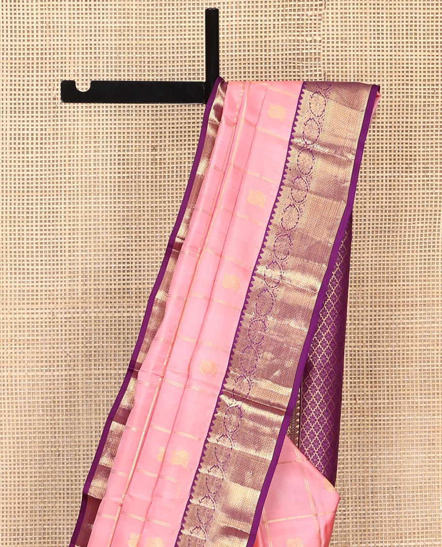 Pink Vasundhara Silk Saree, Entralled with Zari Butta Enclosed Checks On Its Body, Complemented by Contrast Border of Rekku, Muthu, Kodi Visiry, and Mayil Kann Designs, Grand Jaal Pallu and Paired with a Contrast Blouse