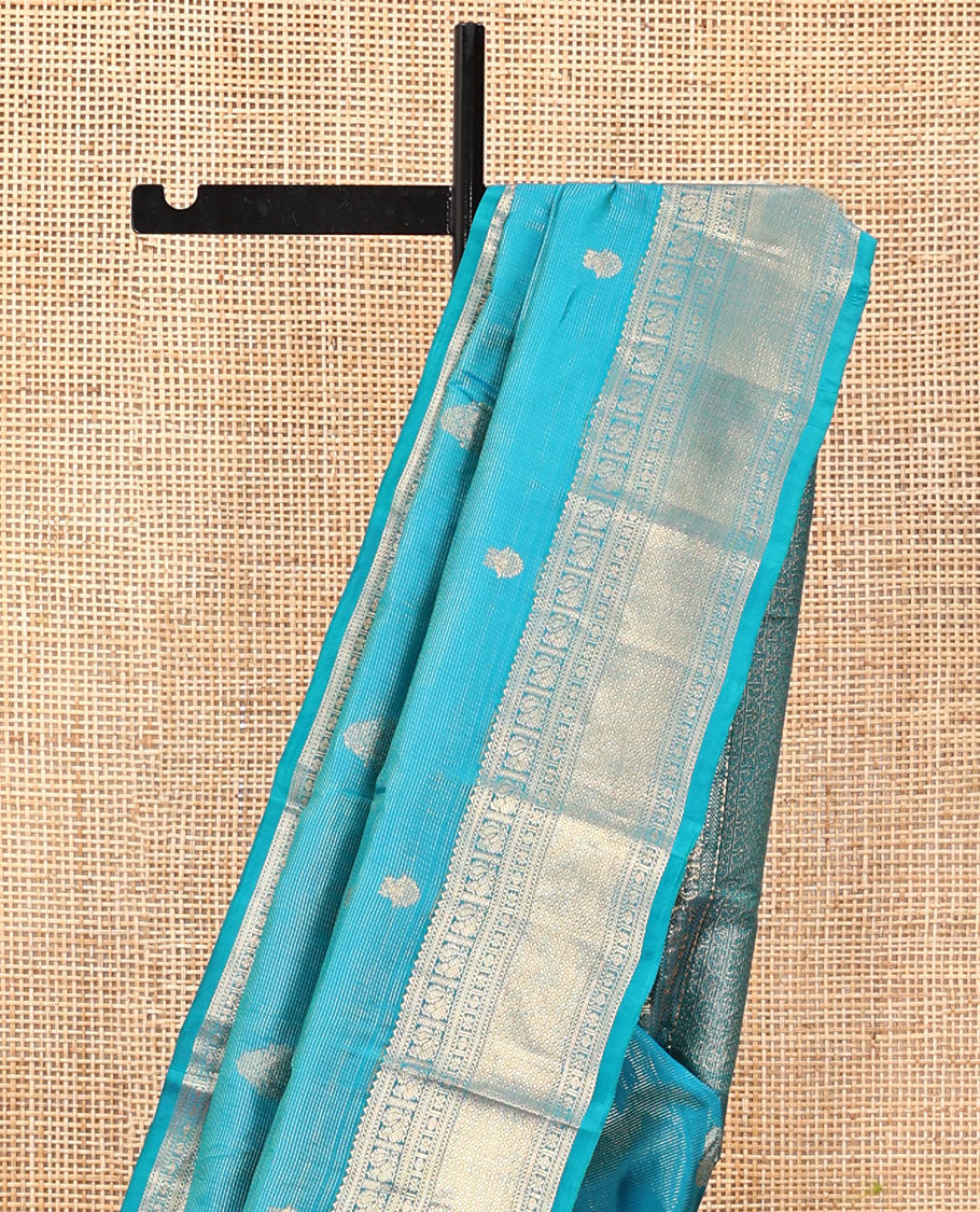 Blue Vasundhara Silk Saree, Woven with Zari Buttas and Vaira Oosi Stripes, a Traditional Zari Border, Grand Pallu, and a Matching Blouse