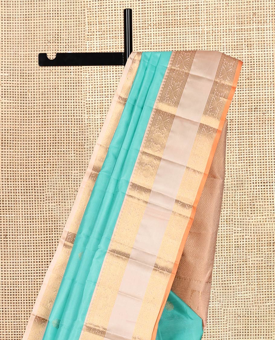 Turquoise Zari Buttas Vasundhara Silk Saree, Delicately Woven with a Contrast Rettai Pettu Border, Grand Pallu, and a Contrast Blouse