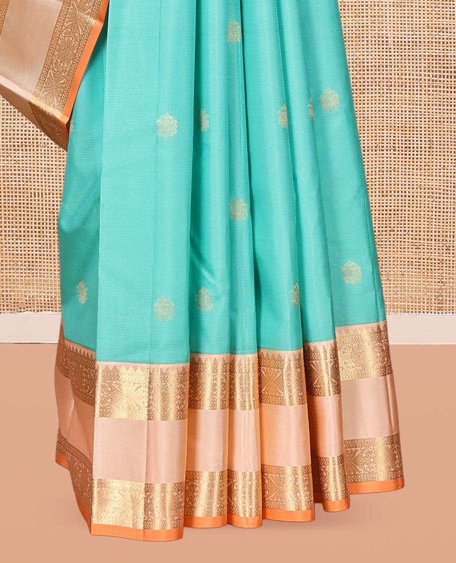 Turquoise Zari Buttas Vasundhara Silk Saree, Delicately Woven with a Contrast Rettai Pettu Border, Grand Pallu, and a Contrast Blouse