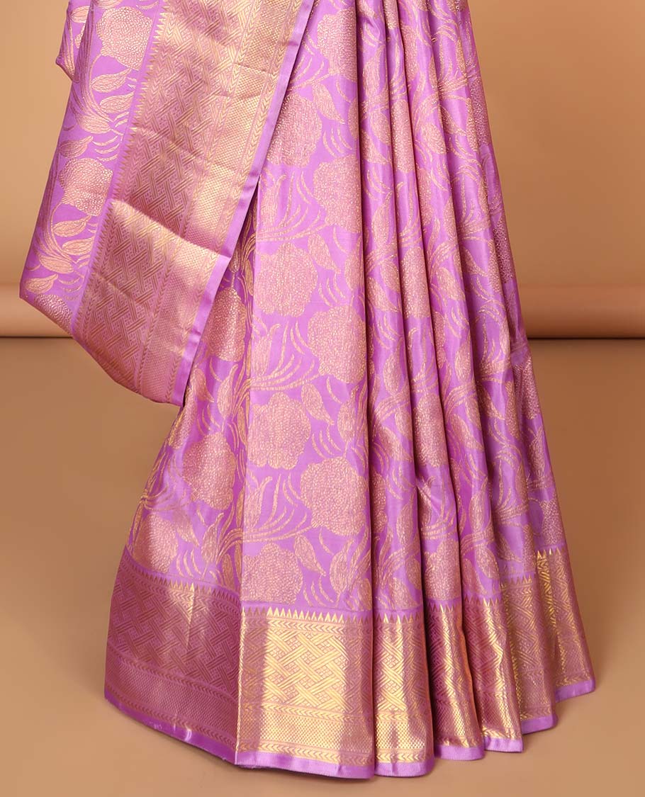 Puprle floral vine design kancheepuram wedding silk saree with contrast zari design border & intricate zari design pallu